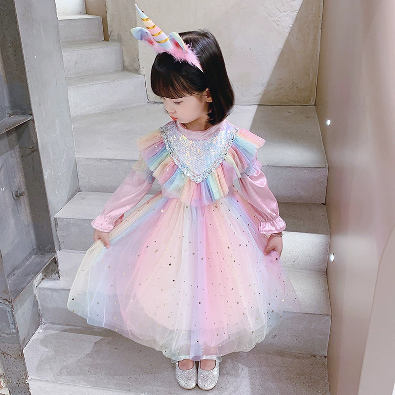 Маленький princess костюм, радужный длинный рукав, платье, ангельские крылья, принцесса Эльза, осень, единорог