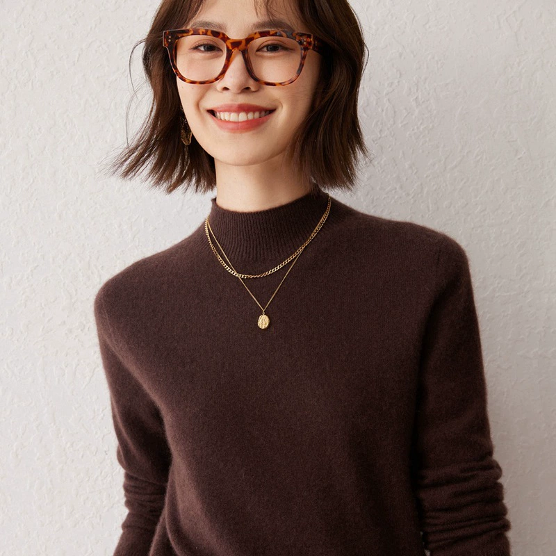 Cashmere knitted sweater, solid short base body-friendly warm long-sleeve, high collar