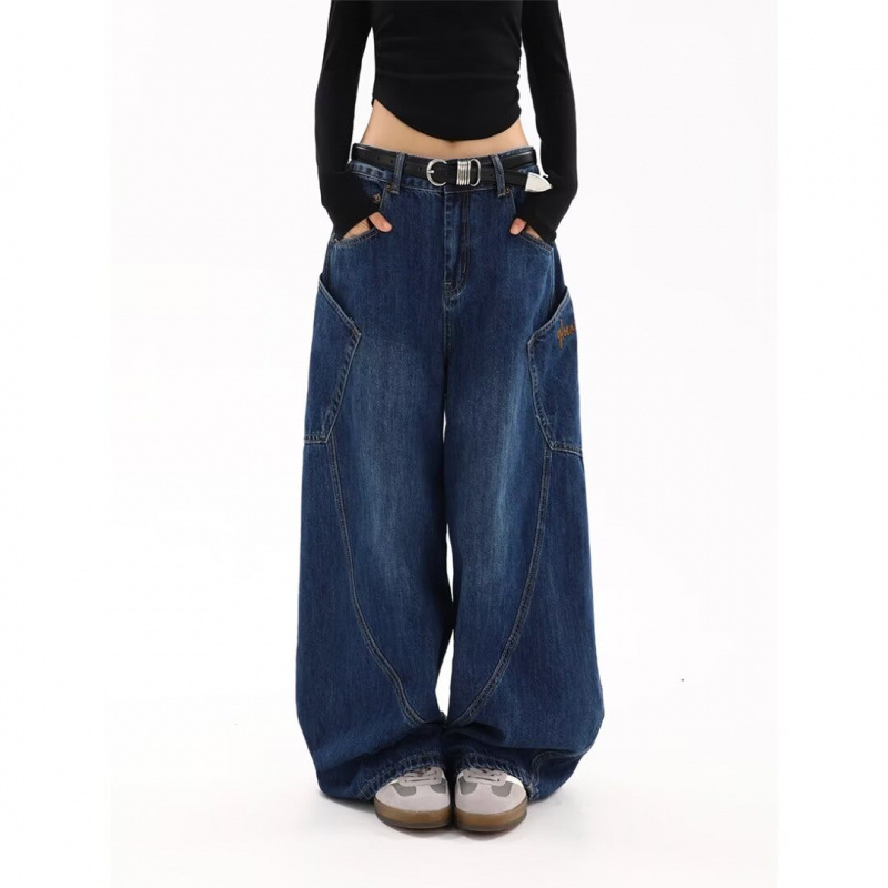 American Retro Large Pocket Scimitar Jeans for Women, Spring and Autumn Style, Trendy High Street Design, Loose Wide-Leg Floor-Length Pants