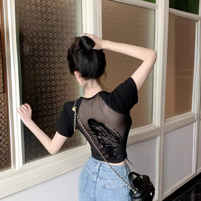 Pure Spice Girl Sexy Backless Short Top Women's Summer Hollow Back Short Sleeve Chic Beautiful Mesh Shirt