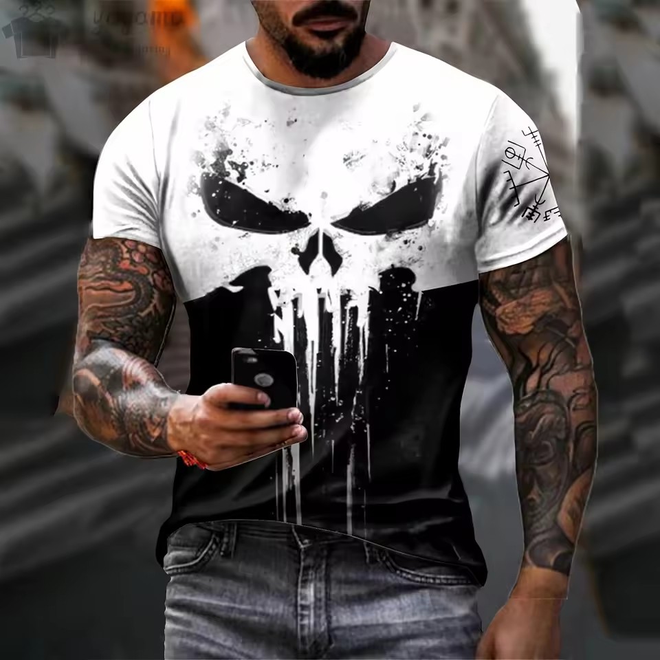 Moda venta caliente tinta calavera graffiti impresión 3D hombres verano calle moda hombro redondo cuello redondo camiseta de manga corta