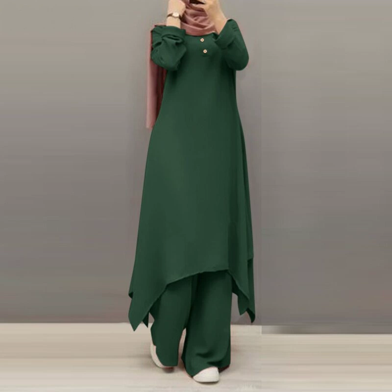 2024, весна и осень, новая трансграничная мусульманская женская одежда, однотонный костюм с широкими брюками и длинными рукавами, с круглым вырезом, с деревянными пуговицами