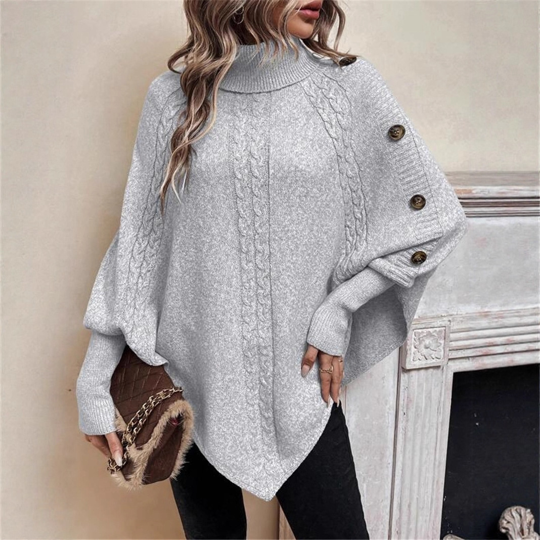 Europa y los Estados Unidos transfronterizos otoño y invierno nuevos suéteres de punto de mujer Amazon moda de cuello alto botón decoración camiseta de murciélagos de manga larga image 1