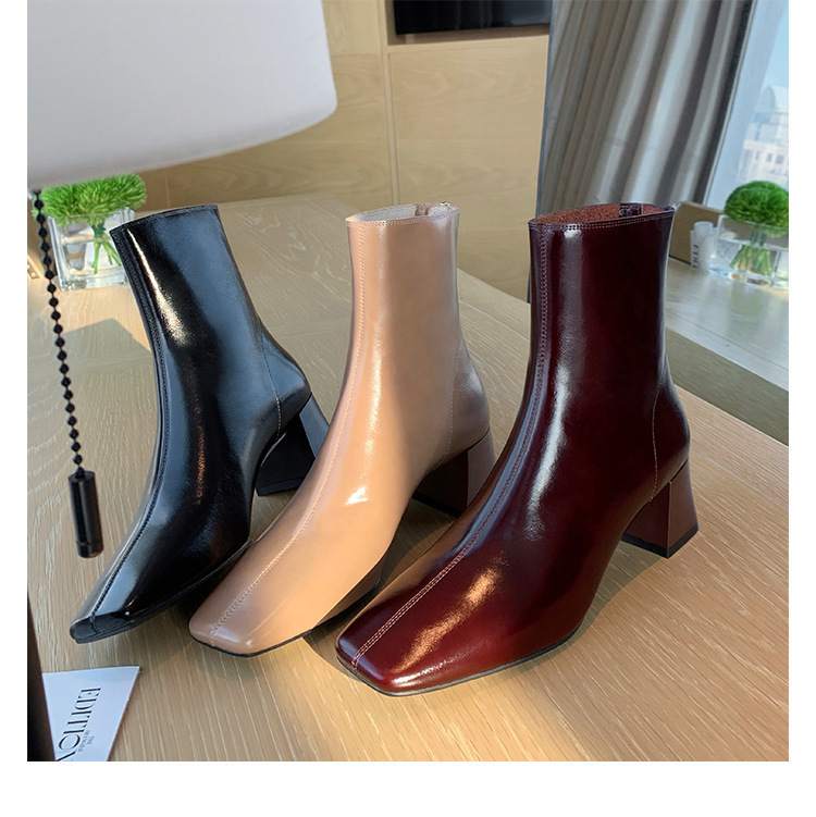 Women's French-style leather wine red short boots, elegant square toe thick high heel retro fashionable thin boots