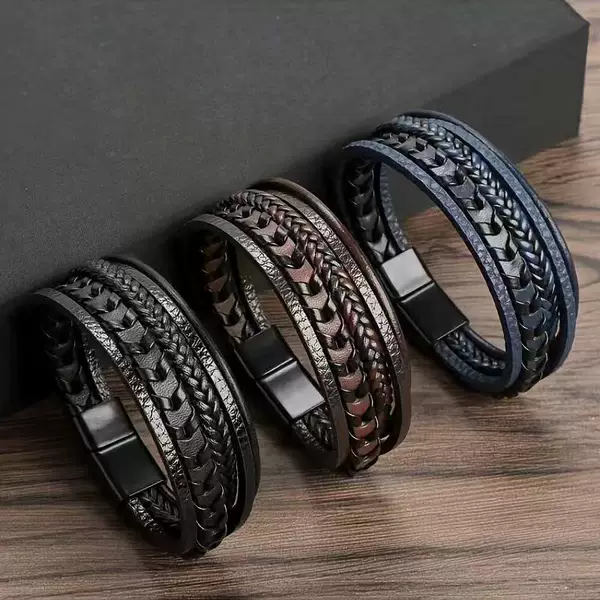 Cross-Border Hot-Selling Hand-Woven Leather Bracelet, Personalized Multi-Layer Magnetic Clasp Men's Leather Bracelet, Versatile Couple's Accessory