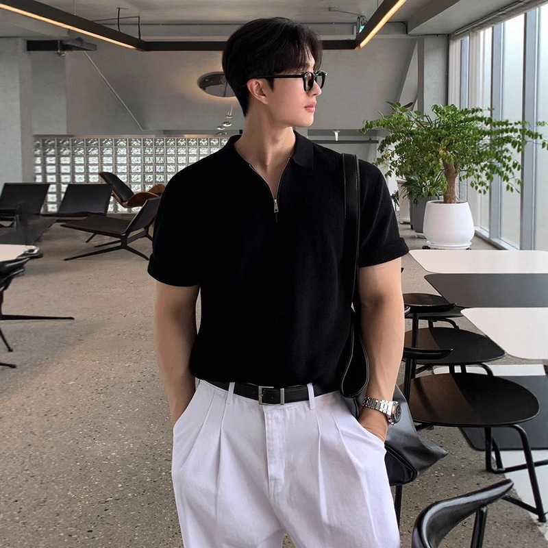 Summer New Style Short-Sleeved Knitwear Men's Half-Zip Polo Shirt Lapel Slim Fit Business T-Shirt Foreign Trade Cross-Border Wholesale