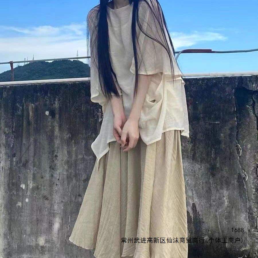 双层棉麻半身裙套装女文艺复古超仙不规则上衣大摆长裙中国风汉服