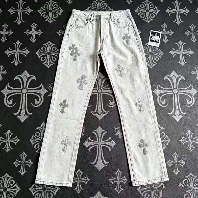 Ten Crosses New Trendy Leather Label Washed Jeans for Couples, Street Style Loose Fit Spring and Autumn Straight Long Pants for Women