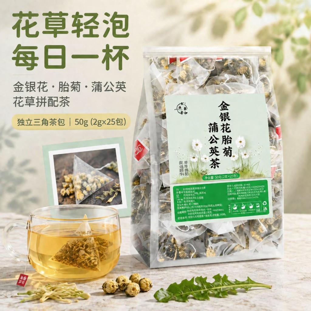 Honeysuckle Chrysanthemum Jasmine Herbal Tea Bags 50g 25 Pyramid Sachets Sugar Free Hot Brew overview
