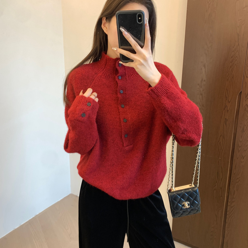 Popular Thewow Retro Stylish Alpaca Wool Fluffy Soft Fitted Half-Button Placket Lapel Raglan Sleeve Sweater