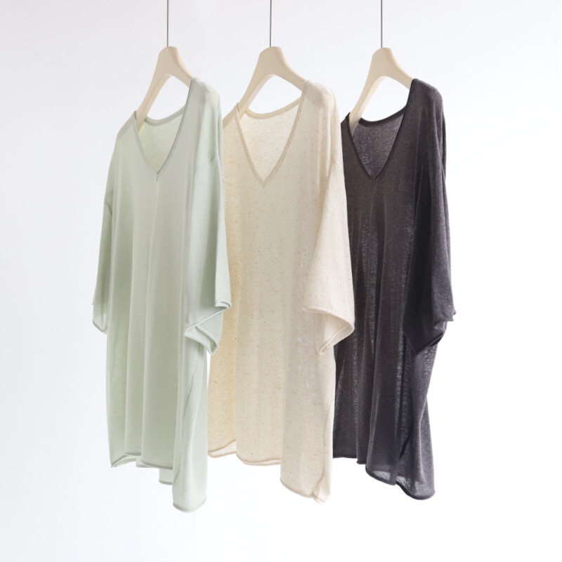 Lazy Loose-Fitting Drop-Shoulder V-Neck Short-Sleeve Knit Top for Women, New Summer Style, Tencel Linen Rolled-Edge Knit Top, Thin Lazy Loose-Fitting Drop-Shoulder V-Neck Short-Sleeve Knit Top for Women, New Summer Style, Tencel Linen Rolled-Edge Knit Top, Thin