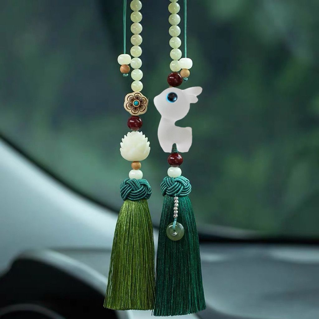 Qìchē Cinnabar Deer Peace Hetian Jade Car Pendant Interior Ornament Rearview Mirror (Car hanging) - green-bead-luminous-deer-double-tassel