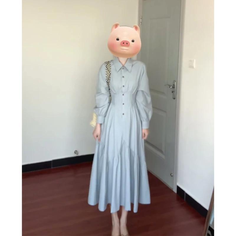 Shirt dress Women's 2025 Spring New French Design Lapel Long Sleeve Waist Pleated Mid-length Skirt