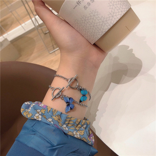 Compact design Korean blue butterfly one-word buckle bracelet ins Chaoxian couple best friend bracelet bracelet for girls