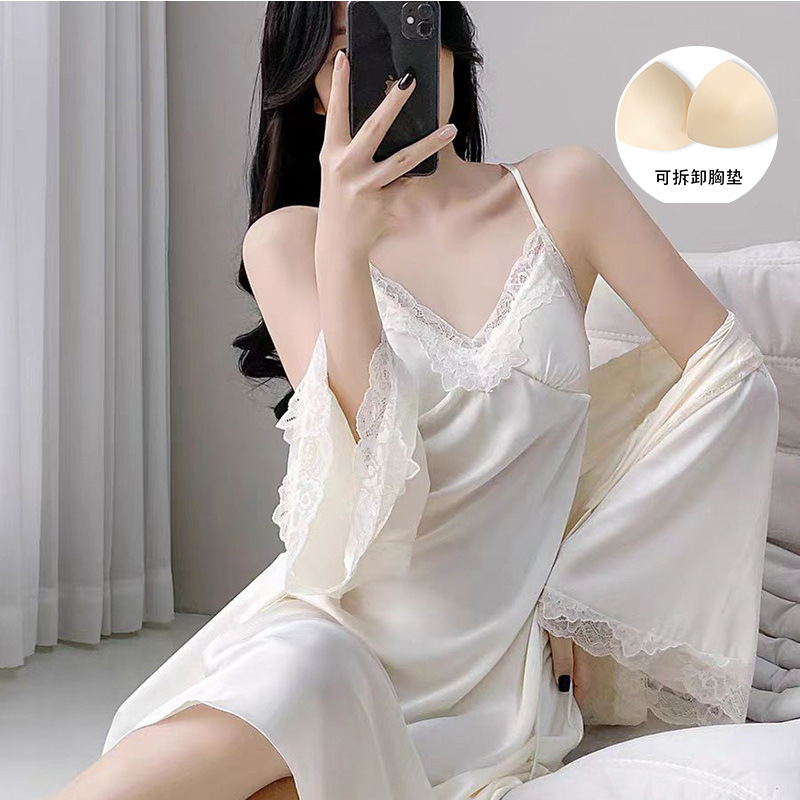 Ice Silk Pajamas, Sexy Home Clothes, Lace Suspender Nightgown, Two-Piece Set, Thin Pure Lust Style with Breast Pads, Noble Summer