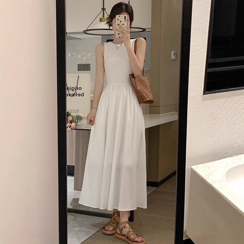 女性のための白いノースリーブドレス夏 2025 新しいフレンチスタイルデザインミッドレングスベストサスペンダースカートトレンディ|undefined