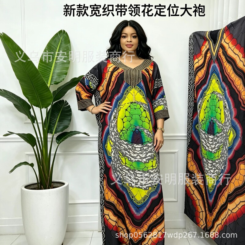 New Cross-Border African Robe with Wide Woven Collar and Floral Pattern, Two-Piece Set Including Headscarf, Loose-Fitting Plus Size Dress
