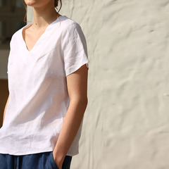 純亜麻vネック半袖tシャツ上着春夏新作フレンチカジュアル綿麻基礎百合痩せtシャツ女性