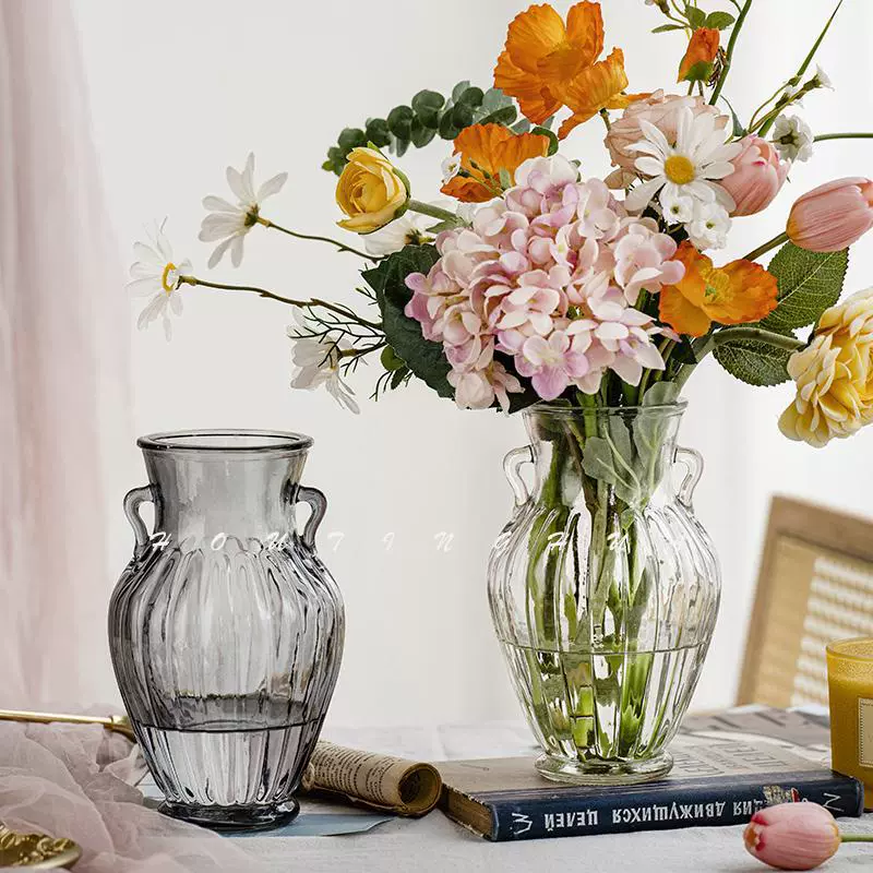 Винтажная садовая прозрачная стеклянная ваза в форме горшка с двумя ушками, гидропонная сушеная связка свежих цветов, бытовые декоративные украшения для бутылок большого диаметра