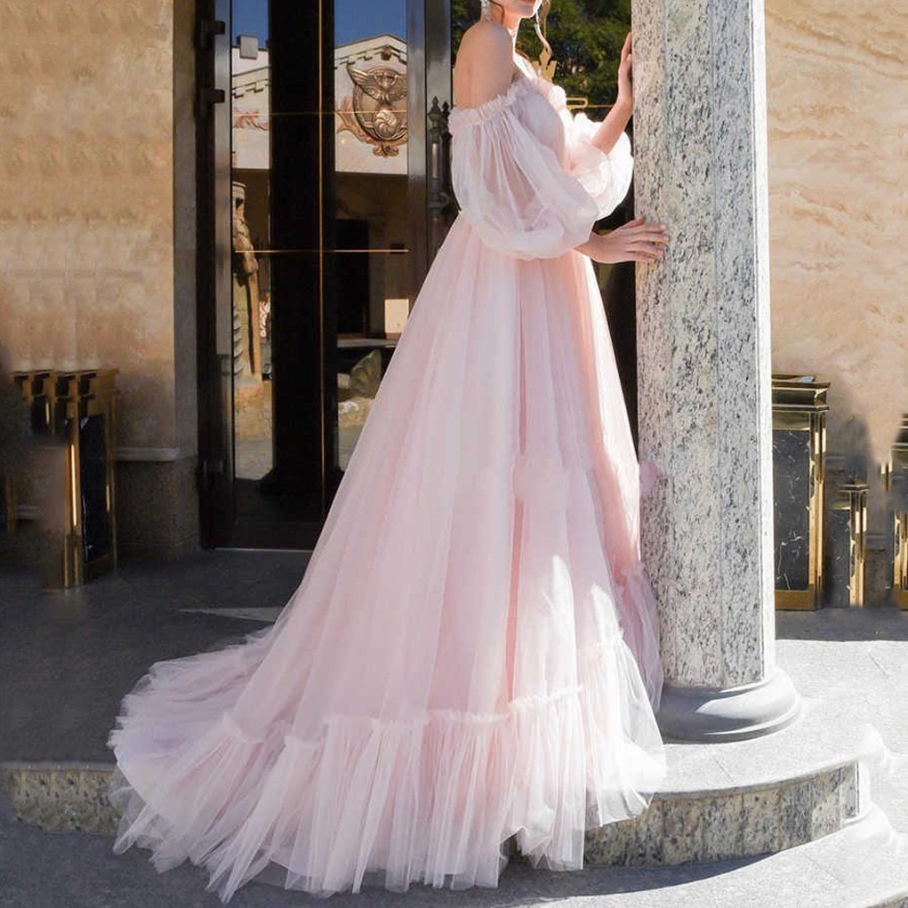 2025 nuevo estilo ropa de mujer de comercio exterior europea y americana vestido de novia largo de malla de un hombro vestido de swing grande nuevo estilo