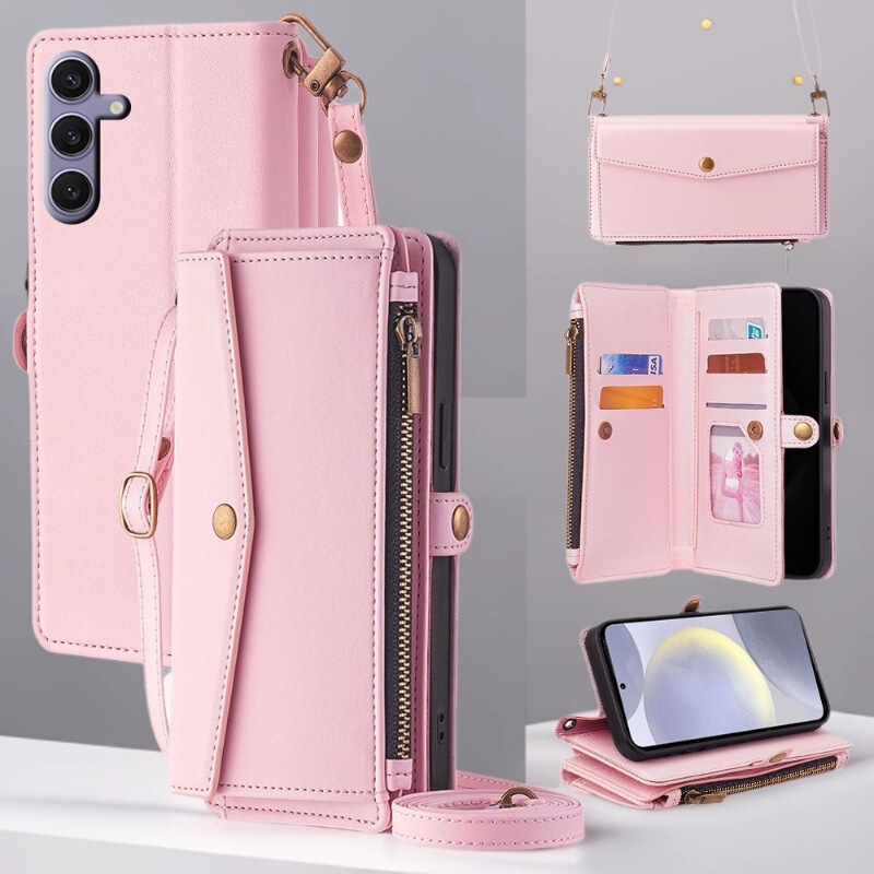 Suitable for Samsung S25Edge Flip Leather Case S23 Shoulder Strap Crossbody S24Ultra Flip Multi-Card Holder Mobile Phone Case