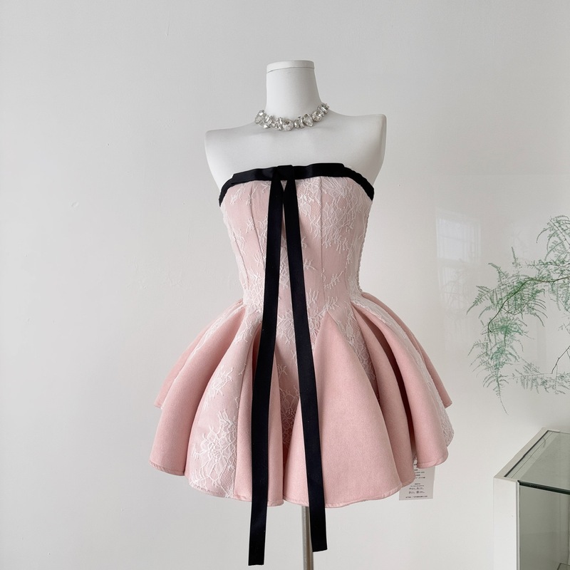 Temple Mai's New Popular French Pure Lust Style Halter Neck Bow Sleeveless Princess Dress New Dress Pink Knitted