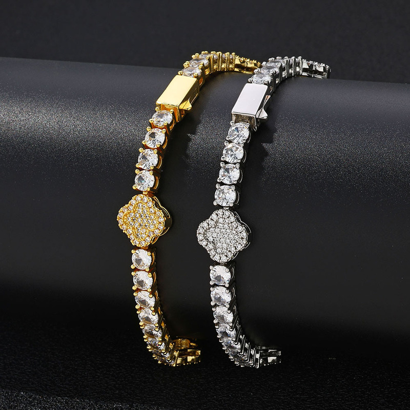 European and American Cross-border Hip Hop Spring Buckle Zircon Tennis Chain Four-leaf Clover Men's Bracelet Jewelry Advanced Sense Hot Selling Accessories European and American Cross-border Hip Hop Spring Buckle Zircon Tennis Chain Four-leaf Clover Men's Bracelet Jewelry Advanced Sense Hot Selling Accessories