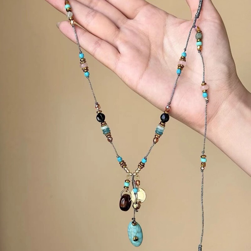 Vintager Retro White Turquoise Pendant Long Necklace Women's High-End Sweater Chain Ethnic Style Pendant Accessories