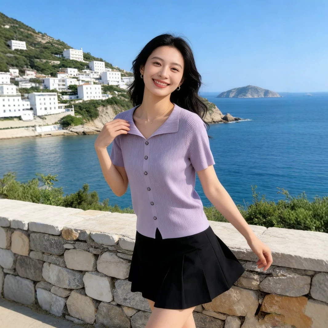 熏衣紫色POLO领长袖T恤女春季2026新款宽松休闲显瘦针织开衫上衣