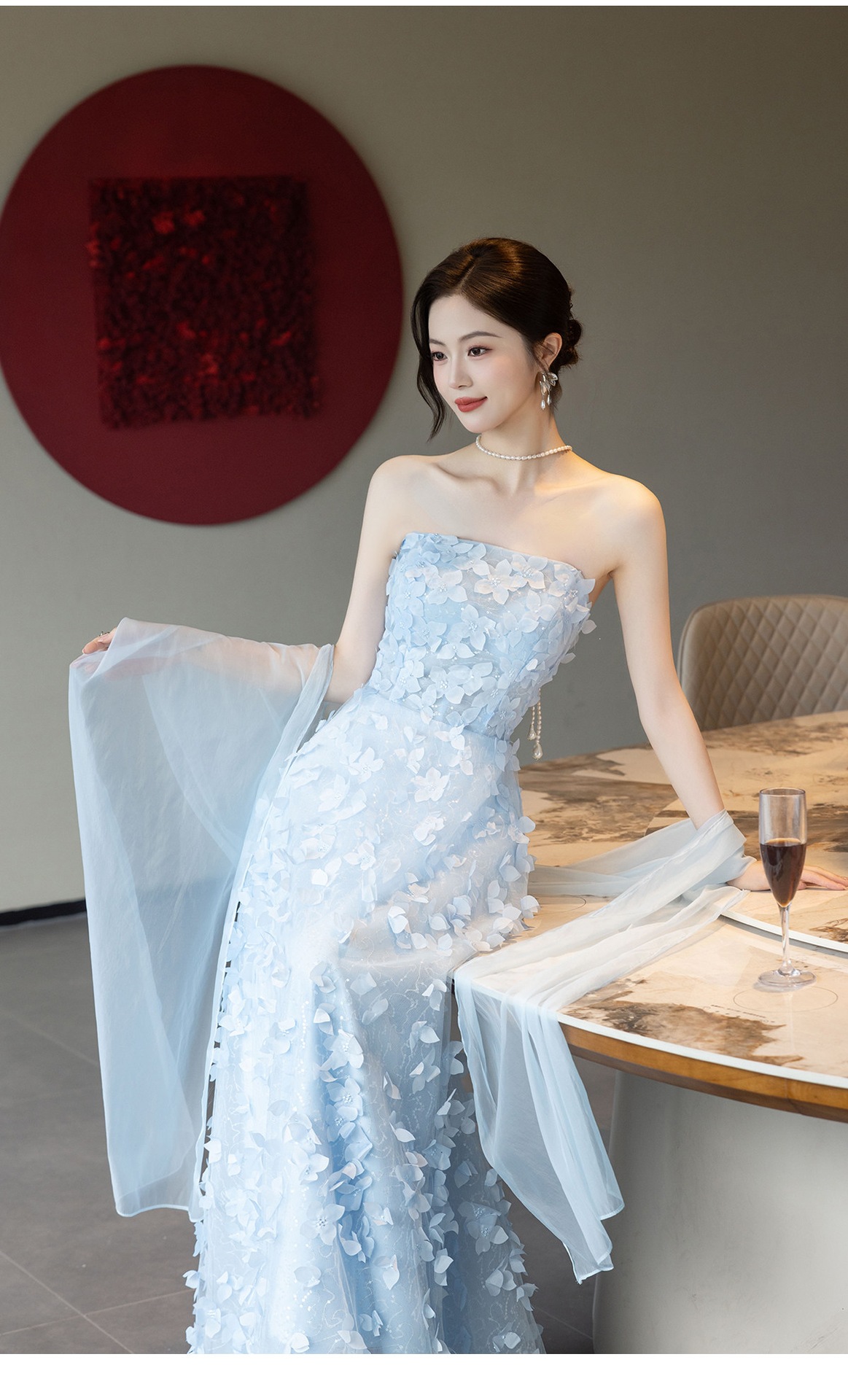 Đầm maxi nữ thắt eo dự tiệc cưới kiểu dáng thanh lịch — Xanh dương chi tiết 7