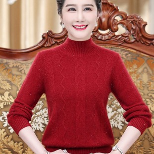 100 Pure Cashmere Sweater Women's Pullover Half-turtleneck Thickened Sweater for Middle-aged and Elderly Mothers Autumn and Winter Warm Wool Backing
