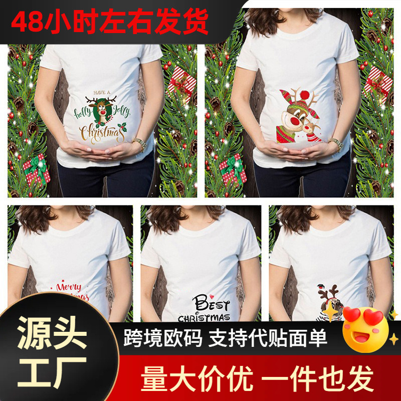 Short-Sleeved Christmas T-Shirt Christmas Elk Snowman Cartoon Print Maternity Short-Sleeved T-Shirt Short-Sleeved Christmas T-Shirt Christmas Elk Snowman Cartoon Print Maternity Short-Sleeved T-Shirt