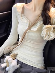方领长袖恤女秋冬纯欲内搭蕾丝打底衫修身设计感别致短款小上衣