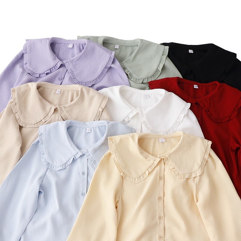 Japanese-Style Sweet Doll Collar Patchwork Ruffle Waffle Long-Sleeve Shirt for Women, Loose Fit