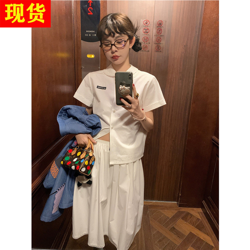 In Stock Zhou Meimei Miu Series Academy-Style Lace-Trimmed Turn-Down Collar Black Label Regular Shoulder White Short-Sleeve Shirt Set