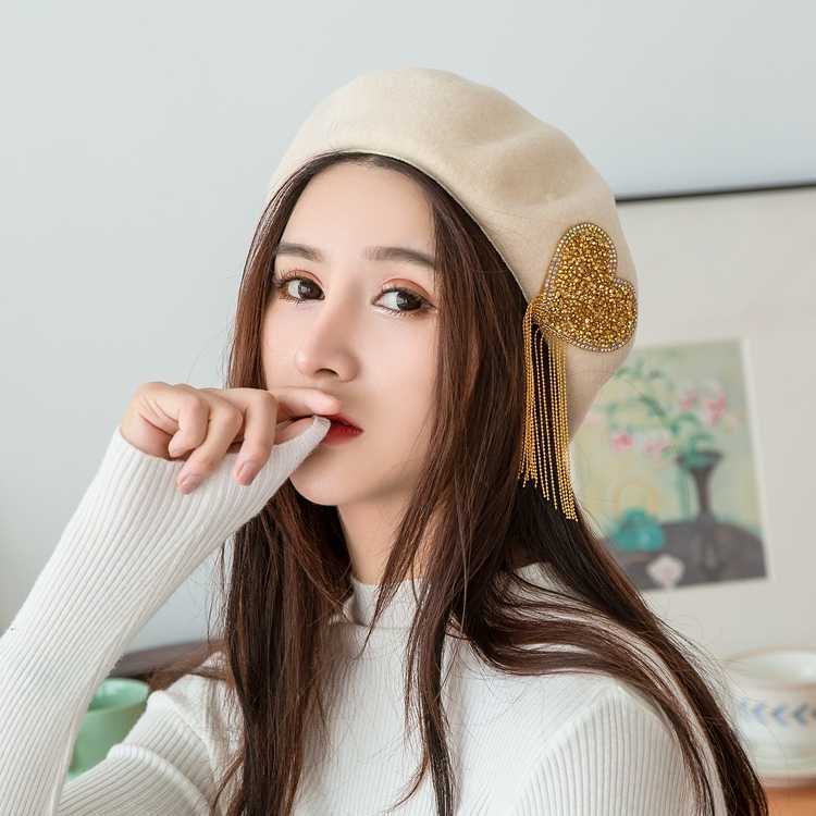 秋冬新款爱心流苏贝雷帽韩系保暖帽子女复古毛呢画家帽百搭贝蕾帽|undefined