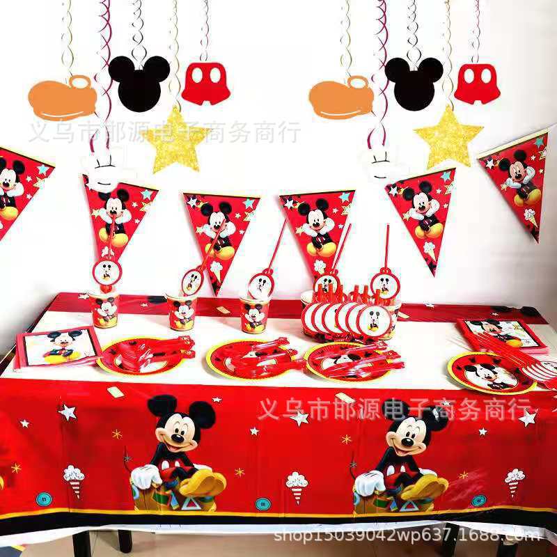 Cross-border Red Mickey Theme Party Decoration Supplies Red Mickey Tablecloth Paper Tray Triangle Paper Tissue Set