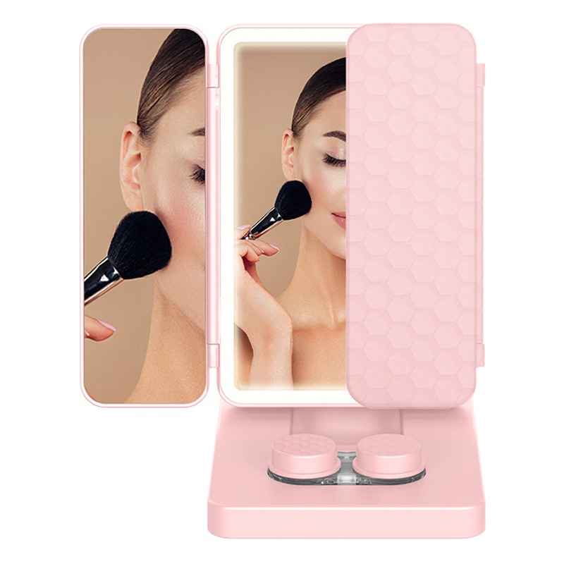 【小方ケース】折りたたみ化粧化粧化粧鏡スマートLEDライト付き充電タイプコンタクトレンズ洗浄