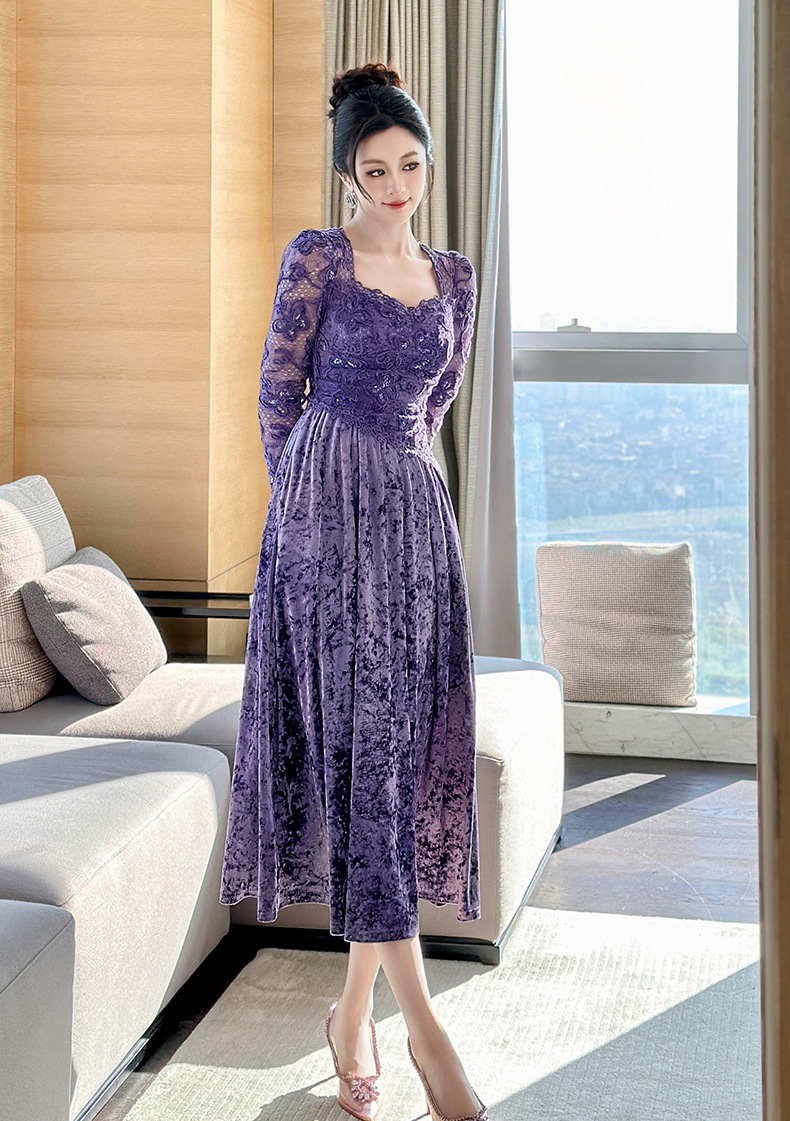 Đầm maxi nữ cổ vuông nhung thêu tay bồng thắt eo — đen chi tiết 9