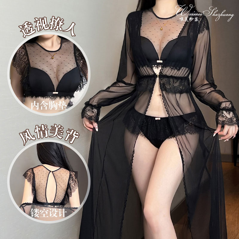 Beautiful Gauze Sexy See-Through Three-Point Pajamas Set Hollow Beautiful Back Sexy Split Pajamas Set Home Clothes for Women Beautiful Gauze Sexy See-Through Three-Point Pajamas Set Hollow Beautiful Back Sexy Split Pajamas Set Home Clothes for Women