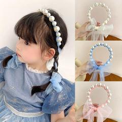 Korean style pearl headband, children's hairband, cute and elegant little fairy headdress, mesh streamer, solid color princess hair accessory