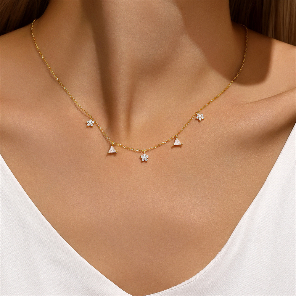 Multi Charms Necklace Classification 925 sterling silver Chain Material cable chain Chain Type 925 Sterling Silver Zircon Cable Chain Plating Triangle Flower Multi Charms Necklace