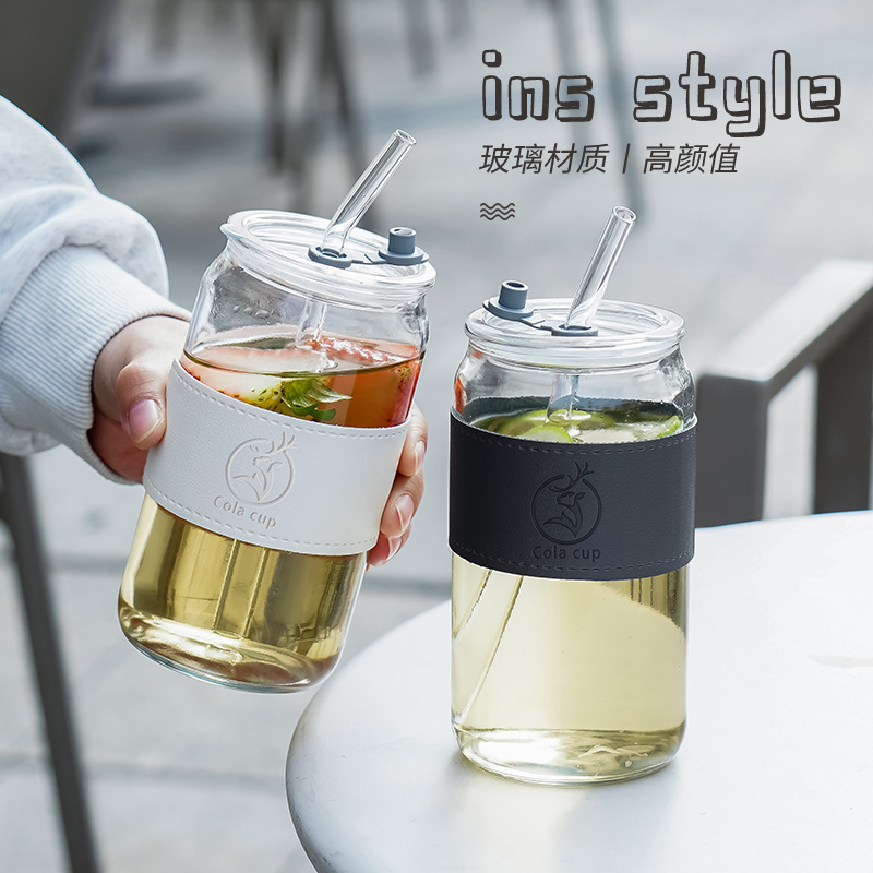 卸売りアマゾンストロー付き竹蓋皮カバー冷たい飲み物コーラジュースコーヒーカップ断熱単層ガラスコップ|undefined
