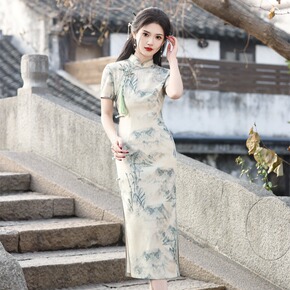  Floral chinese dress oriental Qipao for women young girls Long Cheongsam Model Singers choir chorus performance dress Chinese Style Ink Painting Slim Fit