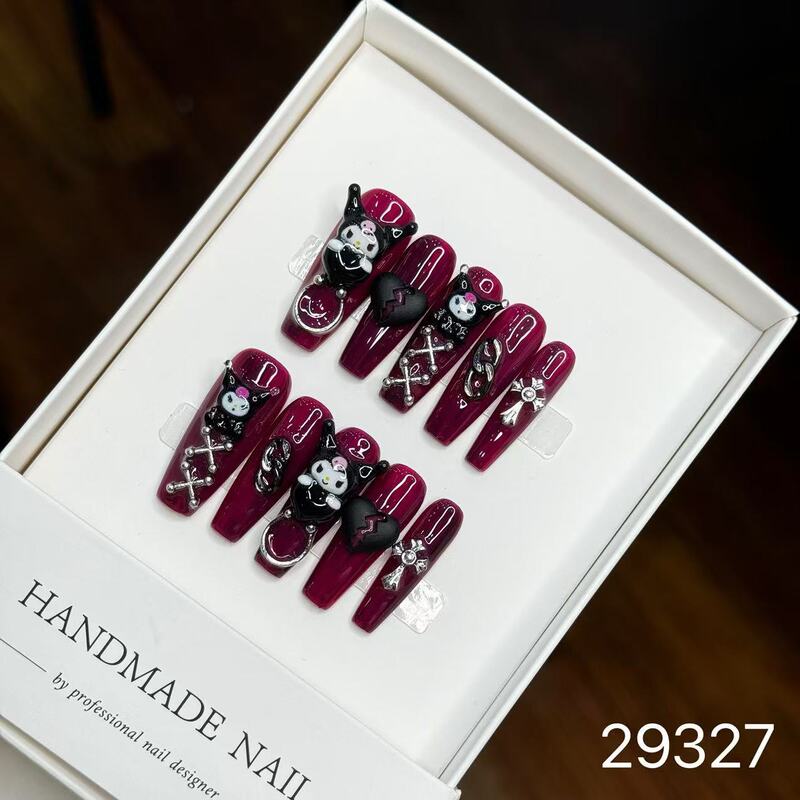 【純手作りのつけ爪29-32】ロングフレンチキャットアイパッチ付け爪、取り外し可能なネイルアートコレクション|undefined