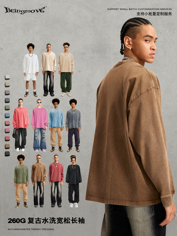 Camisetas de Manga Larga de Algodón Puro, Estilo Retro, Lavadas, de Marca de Moda Europea y Americana para Hombre, Estilo Holgado para Adolescentes, Exportación 2025