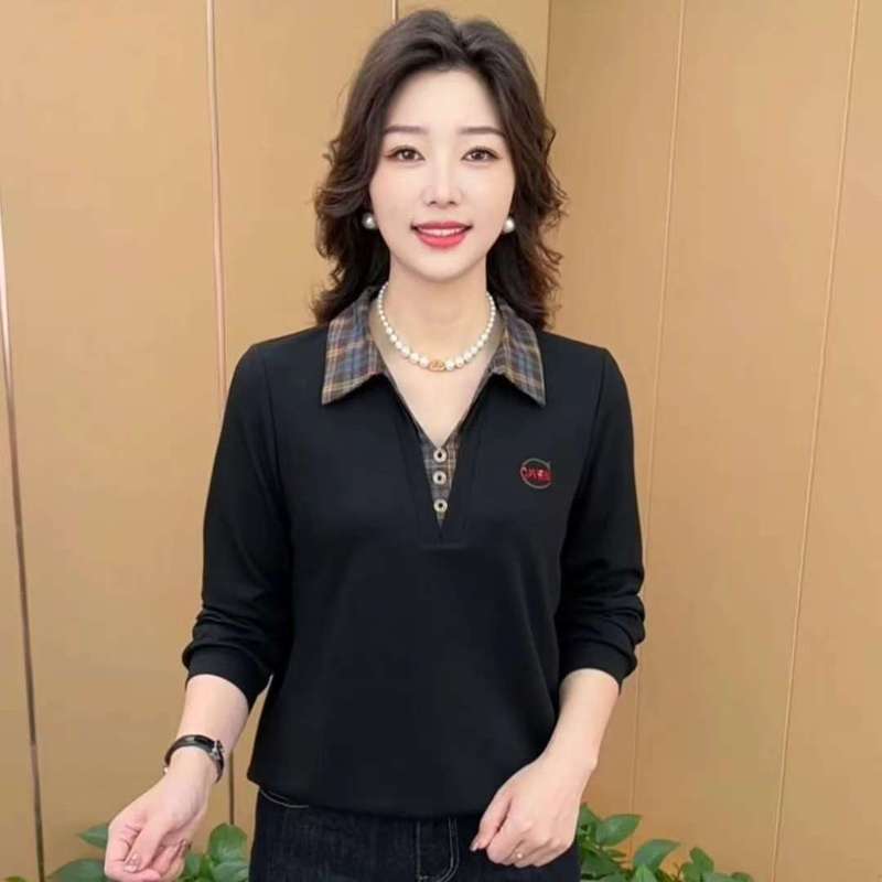秋季新款妈妈长袖T恤洋气格子假两件翻领气质打底小衫女百搭上衣|undefined