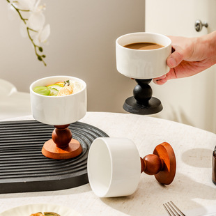 Retro Ceramic Goblet French Ice Cream Cup Ins Pudding Dessert Bowl Household Wooden Candle Cup Candle Holder