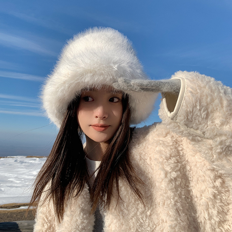 Nachahmung Fuchspelz Gras Kinder Herbst und Winter Plüsch Fischerhut Weiß Advanced Face Show Kleines warmes Ohr_voghion.com