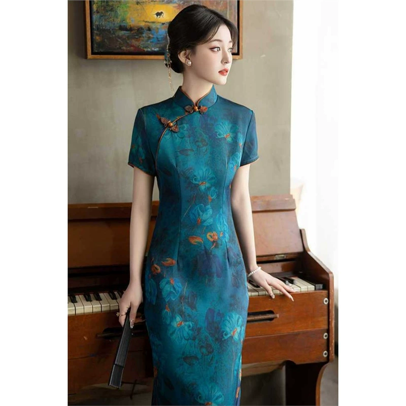 大码胖MM新中式蓝色旗袍女装夏季新款改良国风短袖立领长款连衣裙